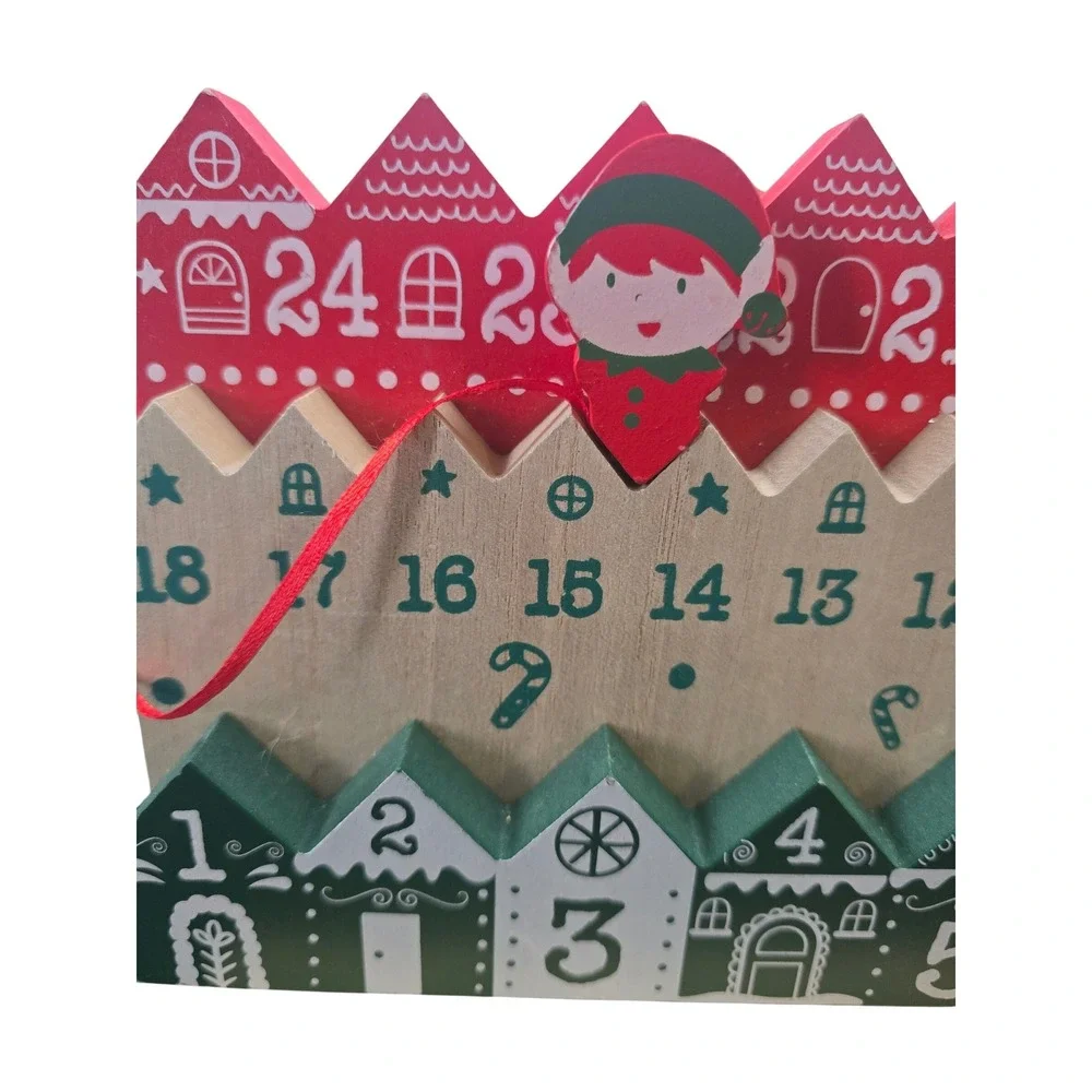 Wooden Christmas Village Advent Calendar Elf Countdown Timer with‎ Storage Box